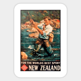 Fly Fishing in New Zealand - Vintage Travel Poster Design Sticker